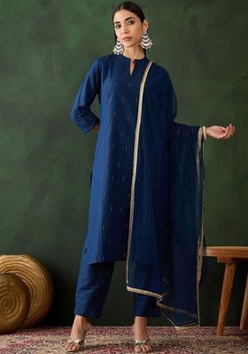 Navy Blue Self Design Cotton Kurta Set