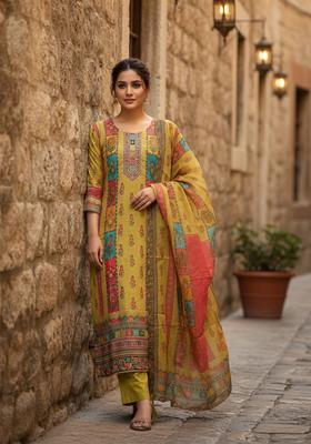 Yellow Printed Silk Blend Kurta Set