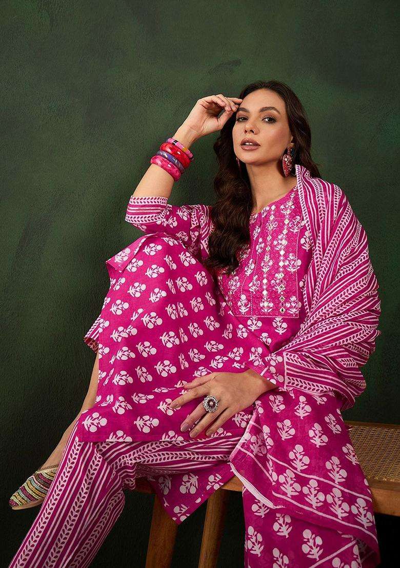 Pink Embroidered Cotton Kurta Set - Indya