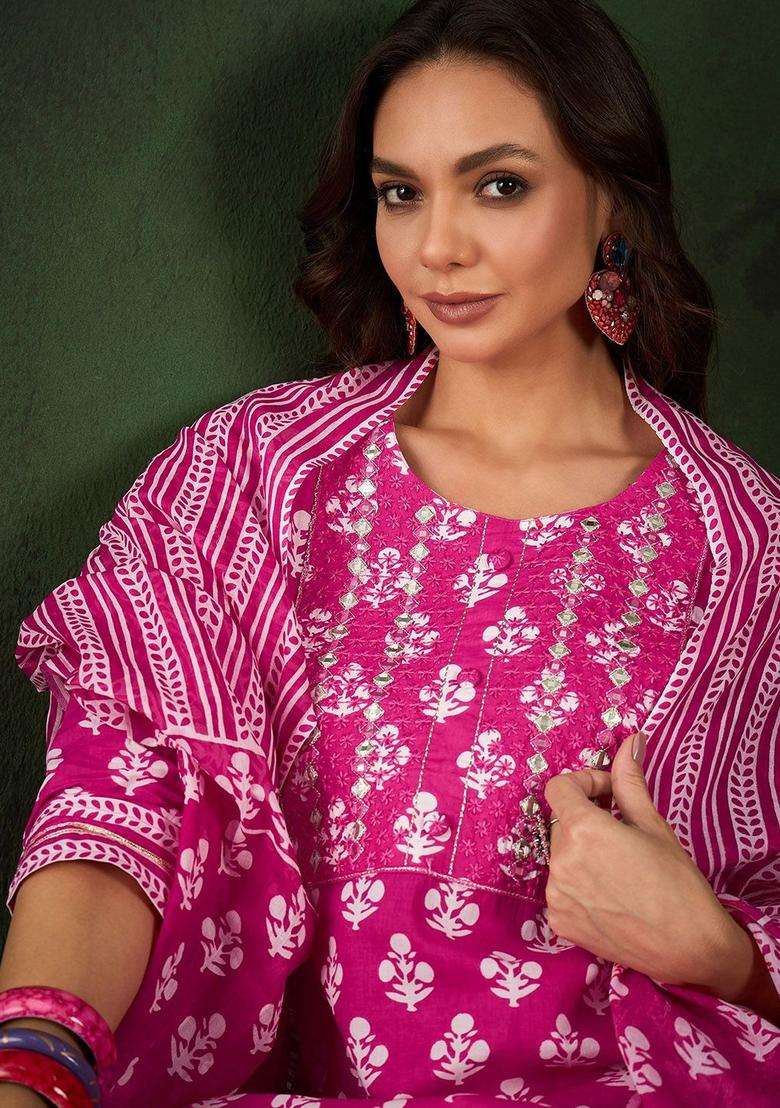Pink Embroidered Cotton Kurta Set - Indya