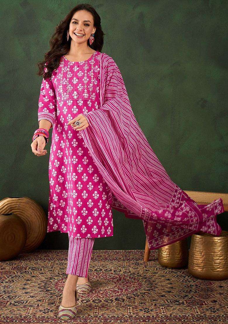 Pink Embroidered Cotton Kurta Set - Indya
