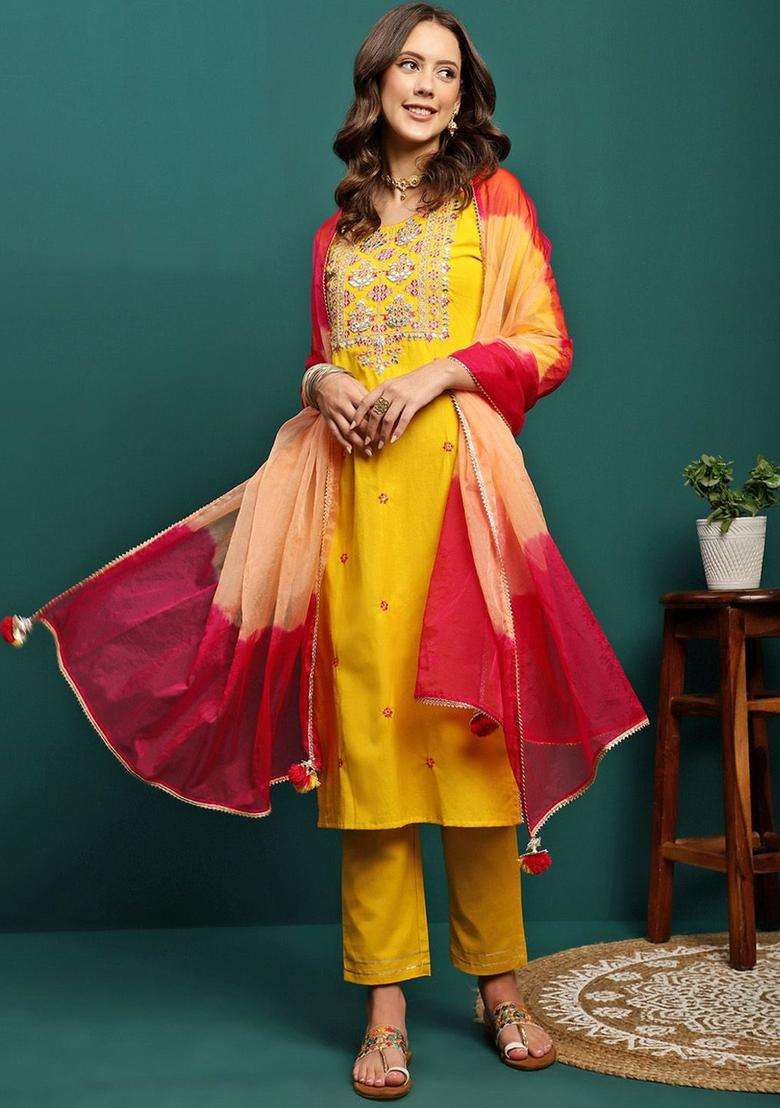 Yellow Solid Cotton Kurta Set - Indya