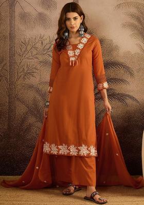 Rust Embroidered Cotton Kurta Set