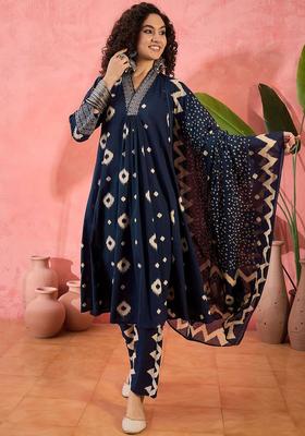 Navy Blue Printed Cotton Kurta Set