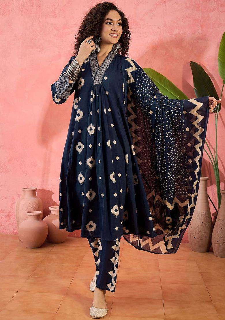 Navy Blue Printed Cotton Kurta Set - Indya