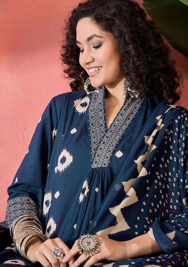 Navy Blue Printed Cotton Kurta Set - Indya