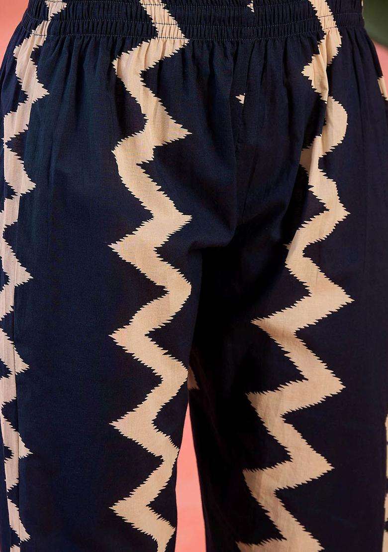Navy Blue Printed Cotton Kurta Set - Indya