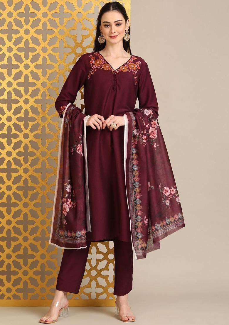 Maroon Embroidered Viscose Kurta Set - Indya
