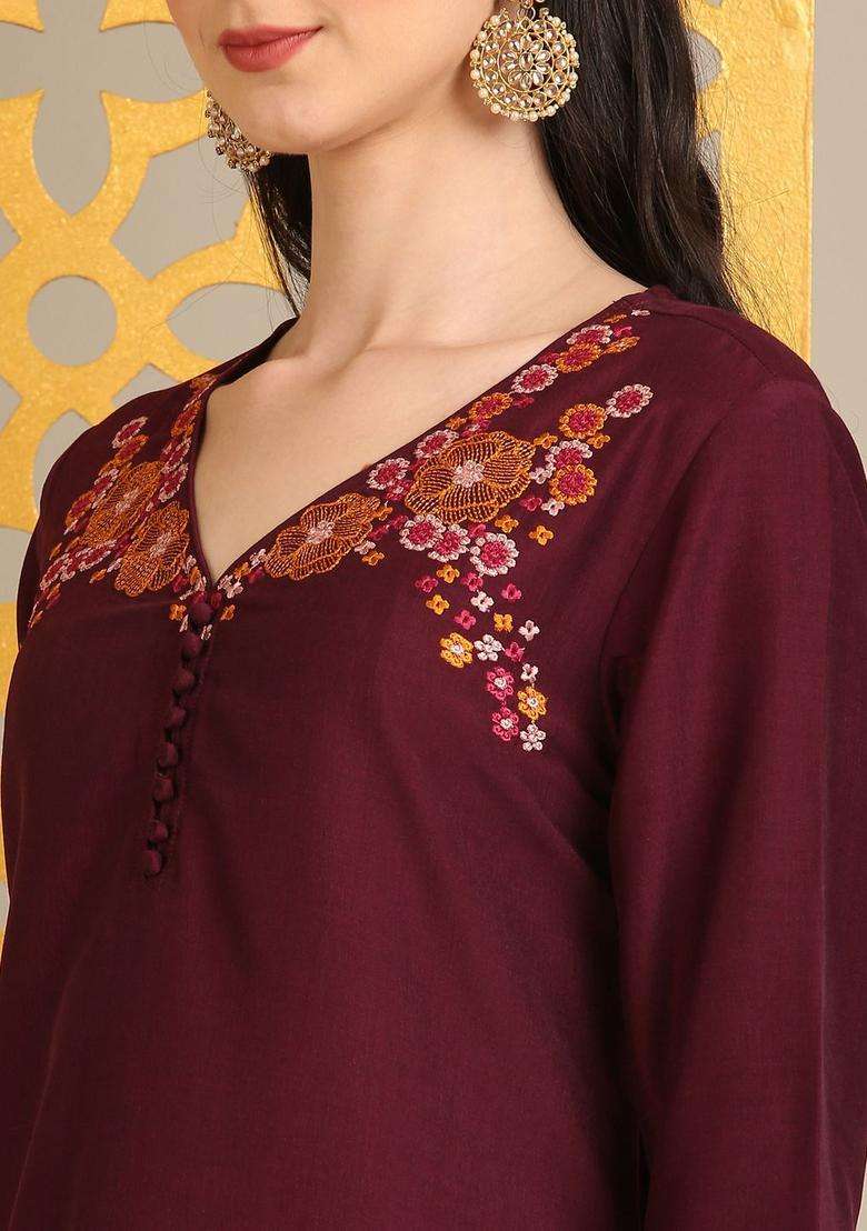 Maroon Embroidered Viscose Kurta Set - Indya