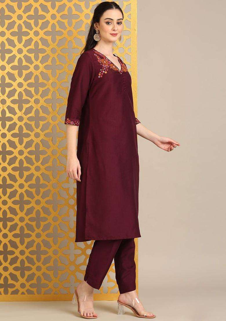 Maroon Embroidered Viscose Kurta Set - Indya