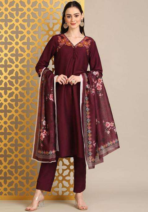 Maroon Embroidered Viscose Kurta Set