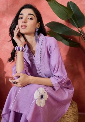 Lavender Embroidered Viscose Kurta Set
