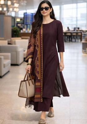 Maroon Solid Cotton Kurta Set