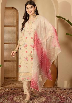 Cream Embroidered Cotton Kurta Set