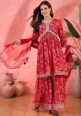 Red Printed Cotton Anarkali Set