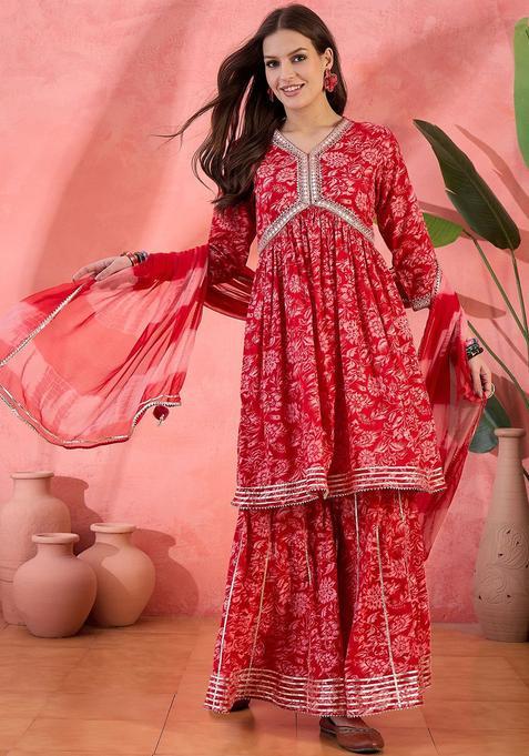 Red Printed Cotton Anarkali Set — view on Indya