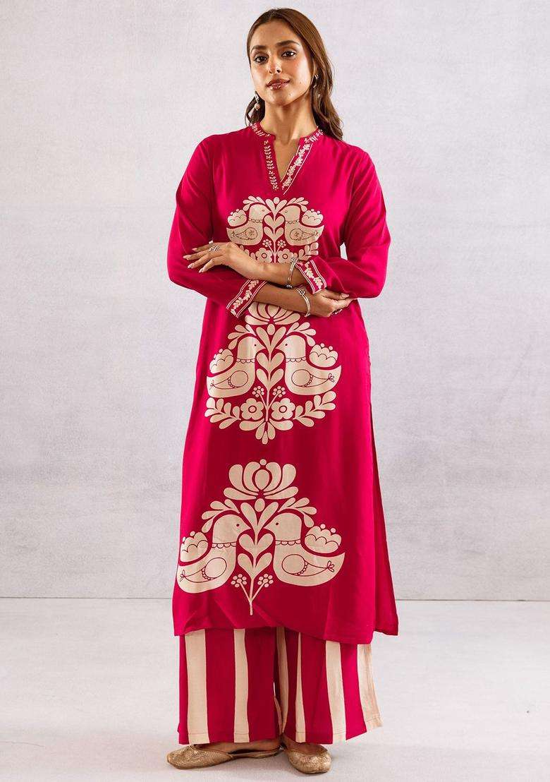 Red Printed Viscose Kurta Set - Indya