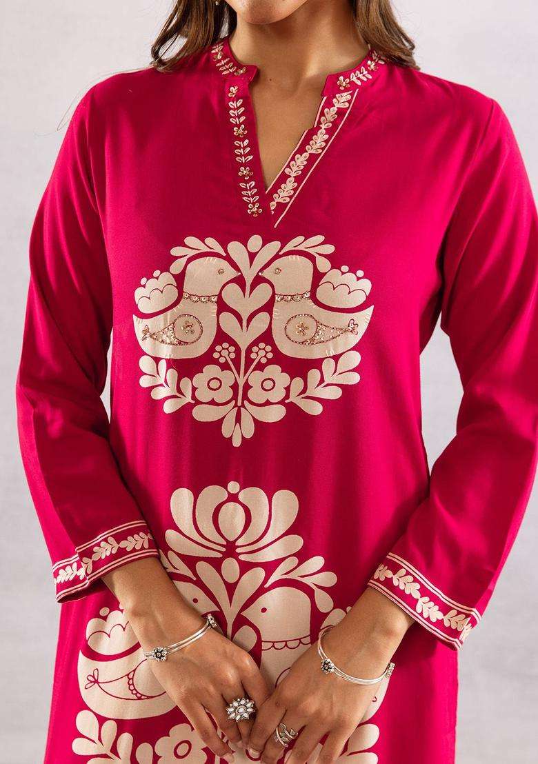 Red Printed Viscose Kurta Set - Indya