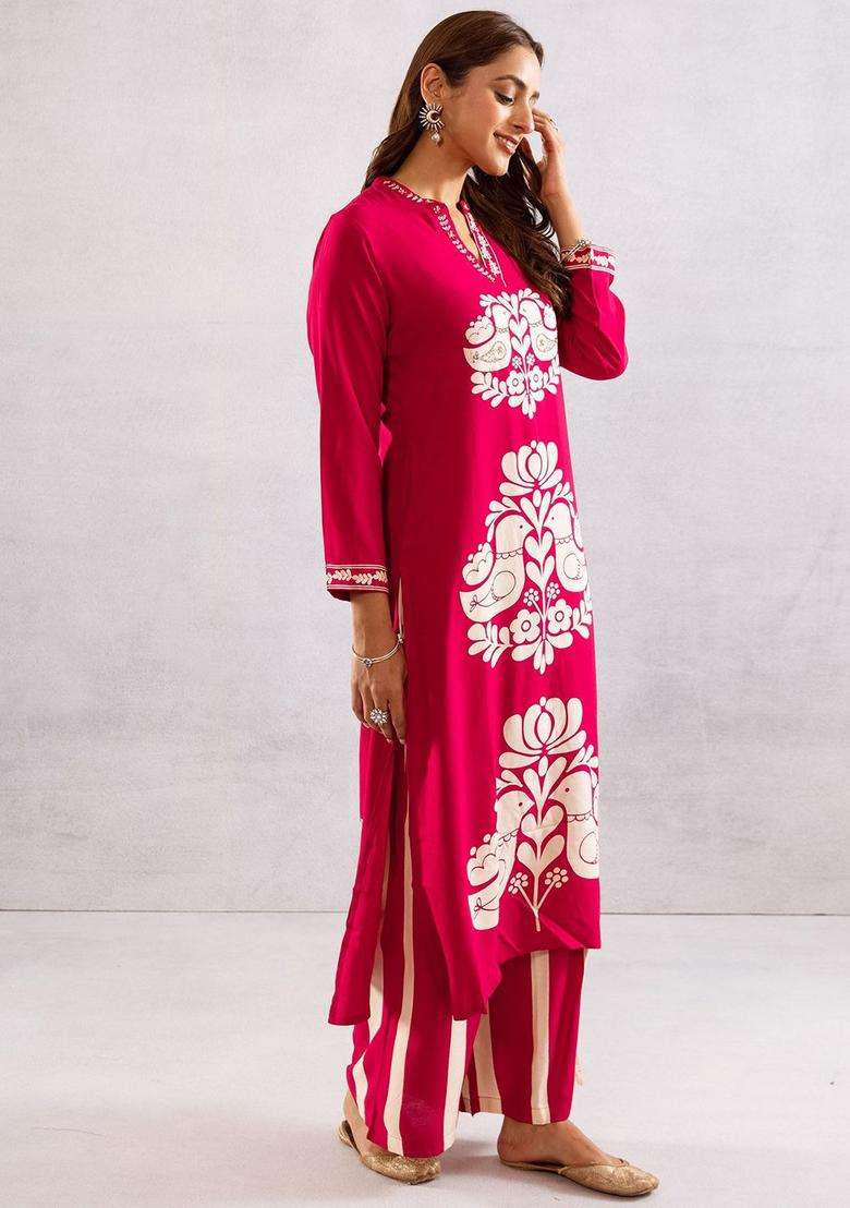 Red Printed Viscose Kurta Set - Indya