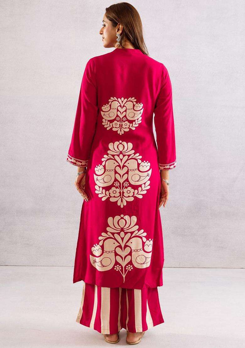 Red Printed Viscose Kurta Set - Indya