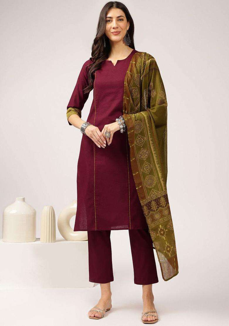 Maroon Solid Cotton Kurta Set - Indya