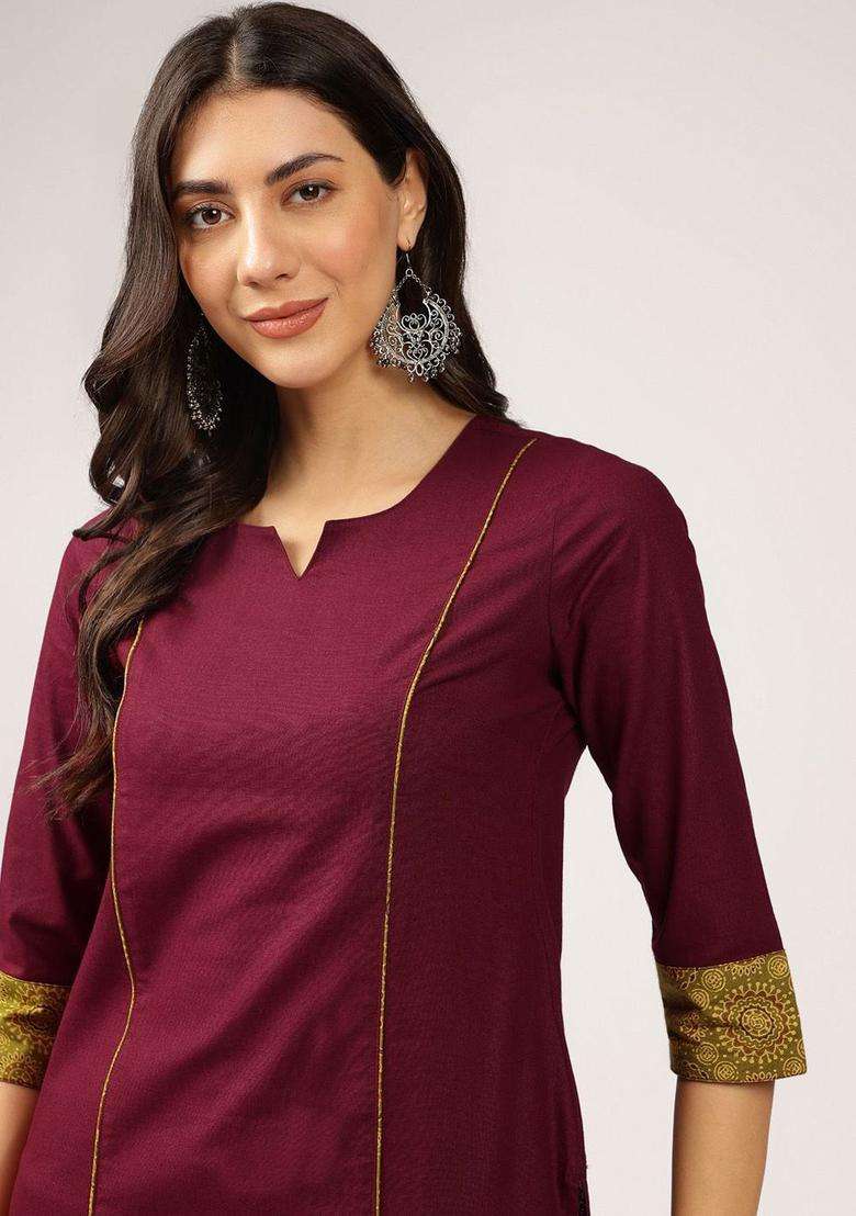 Maroon Solid Cotton Kurta Set - Indya