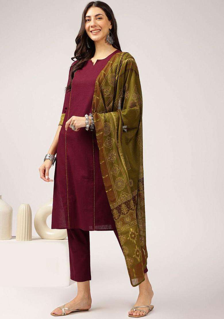 Maroon Solid Cotton Kurta Set - Indya