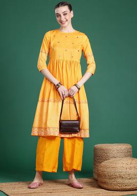 Yellow Printed Polyester Kurta Set