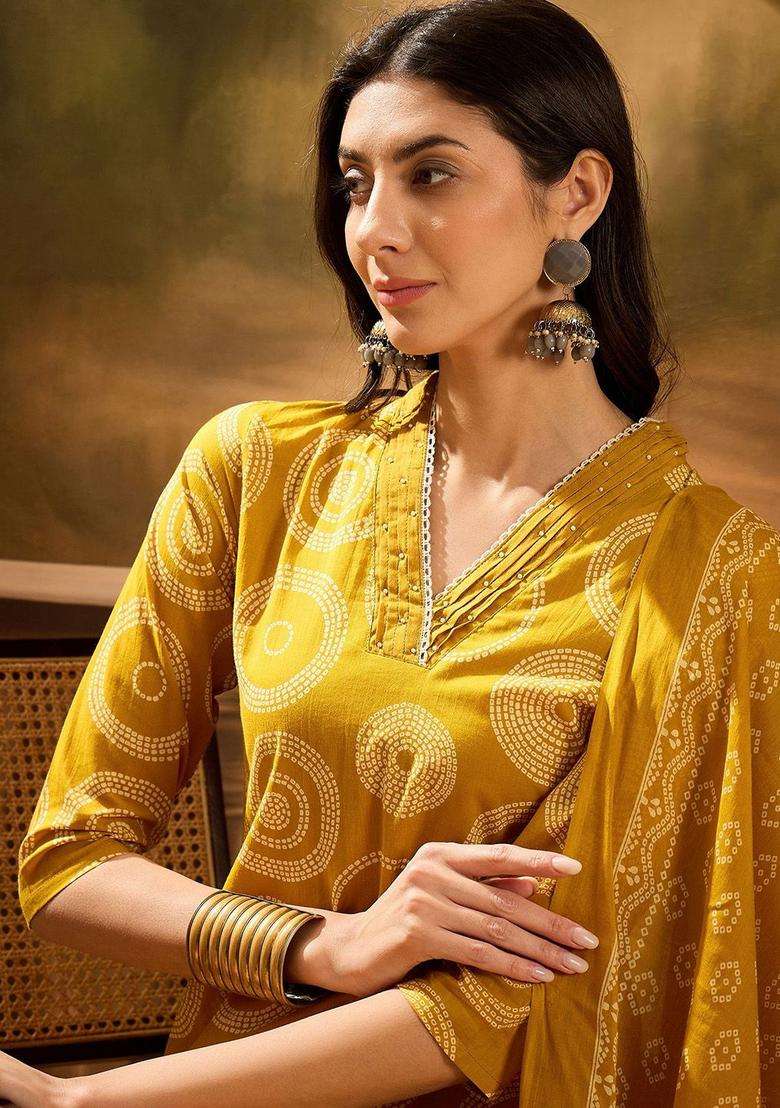 Mustard Printed Cotton Kurta Set - Indya