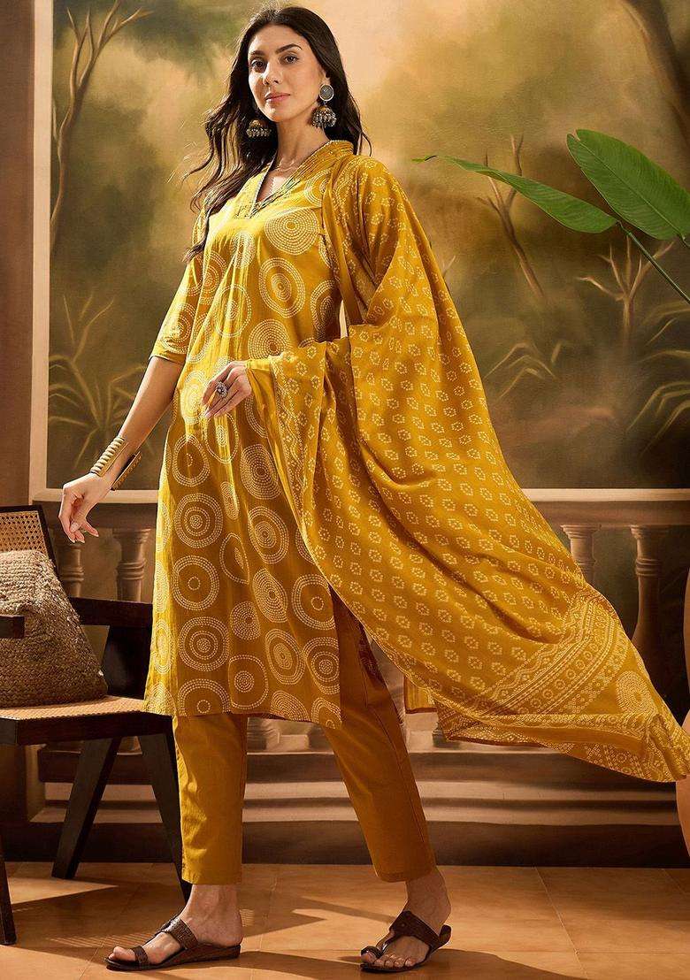 Mustard Printed Cotton Kurta Set - Indya