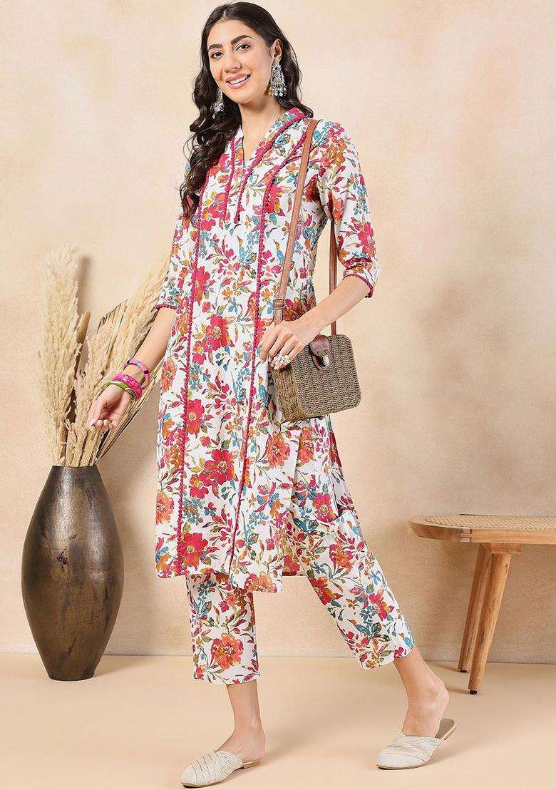 Red Printed Cotton Kurta Set - Indya