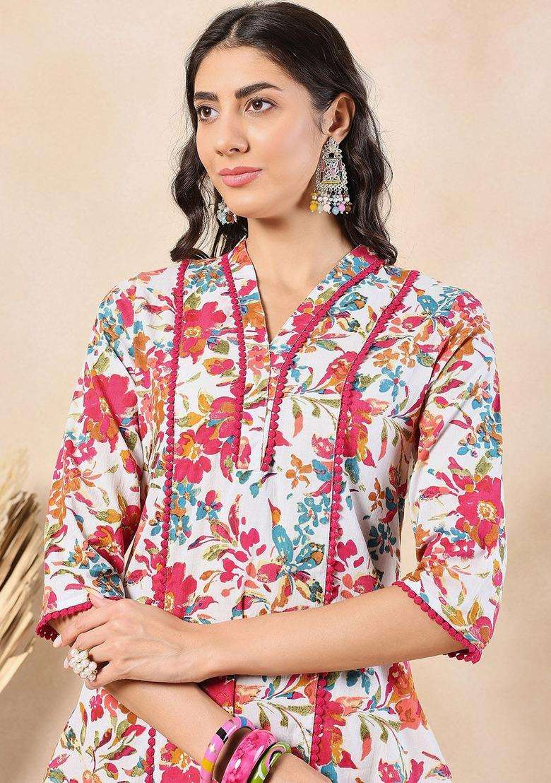 Red Printed Cotton Kurta Set - Indya
