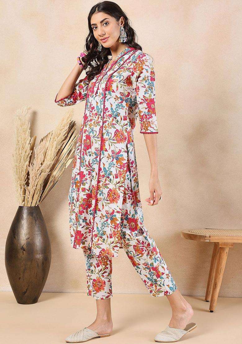 Red Printed Cotton Kurta Set - Indya