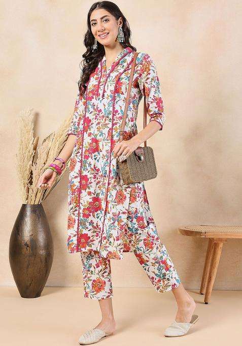 Red Printed Cotton Kurta Set