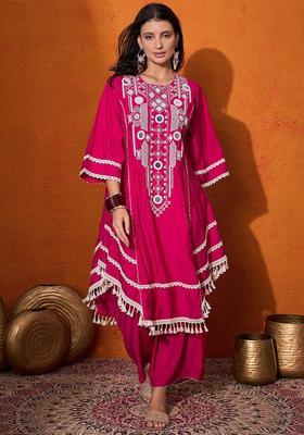 Pink Embroidered Viscose Kurta Set