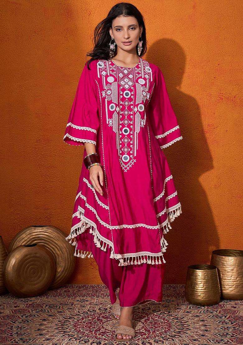 Pink Embroidered Viscose Kurta Set - Indya