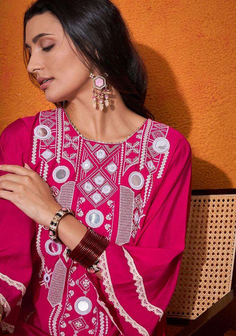 Pink Embroidered Viscose Kurta Set - Indya
