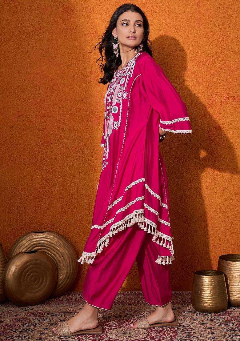 Pink Embroidered Viscose Kurta Set - Indya