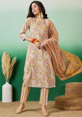 Mustard Printed Cotton Kurta Set