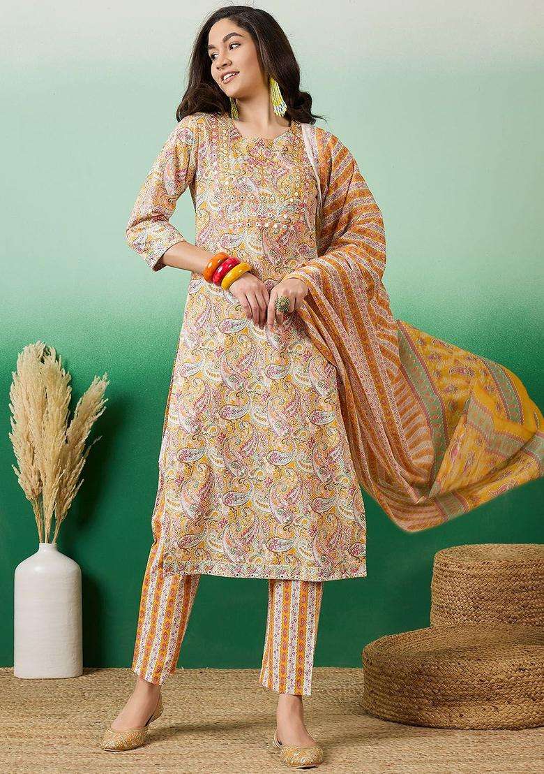 Mustard Printed Cotton Kurta Set - Indya