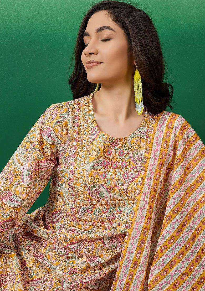 Mustard Printed Cotton Kurta Set - Indya