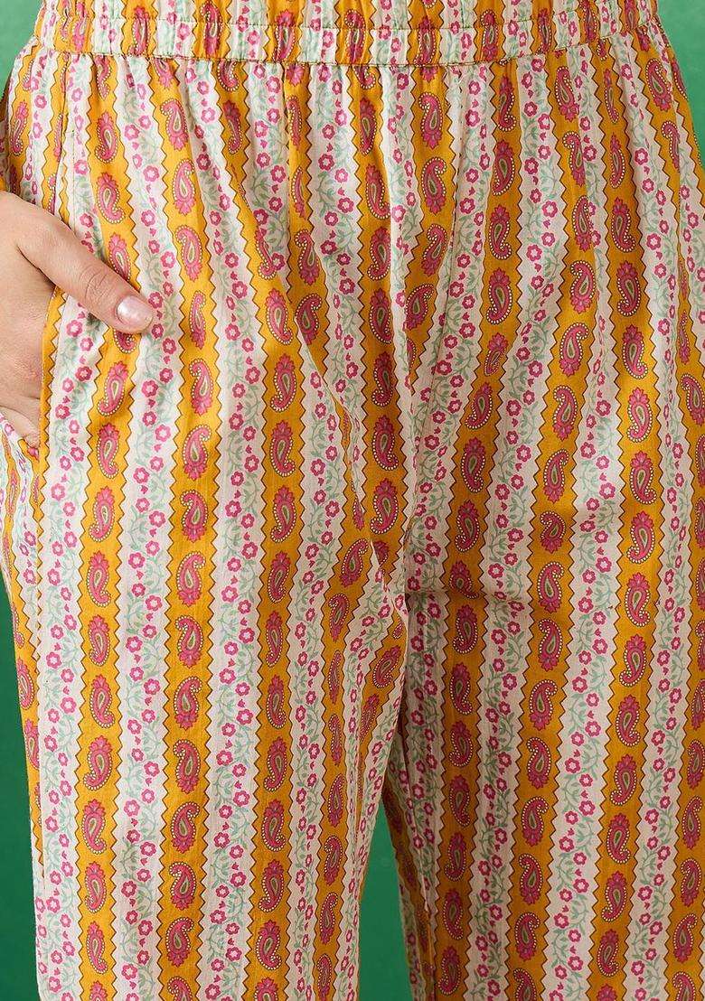 Mustard Printed Cotton Kurta Set - Indya