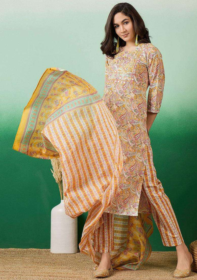 Mustard Printed Cotton Kurta Set - Indya