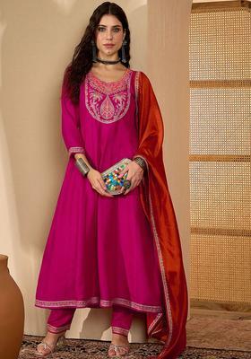 Pink Embroidered Silk Anarkali Set