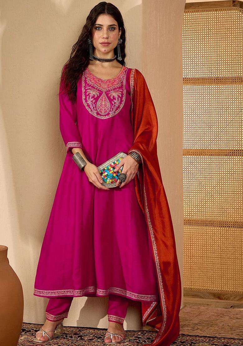 Pink Embroidered Silk Blend Anarkali Set - Indya