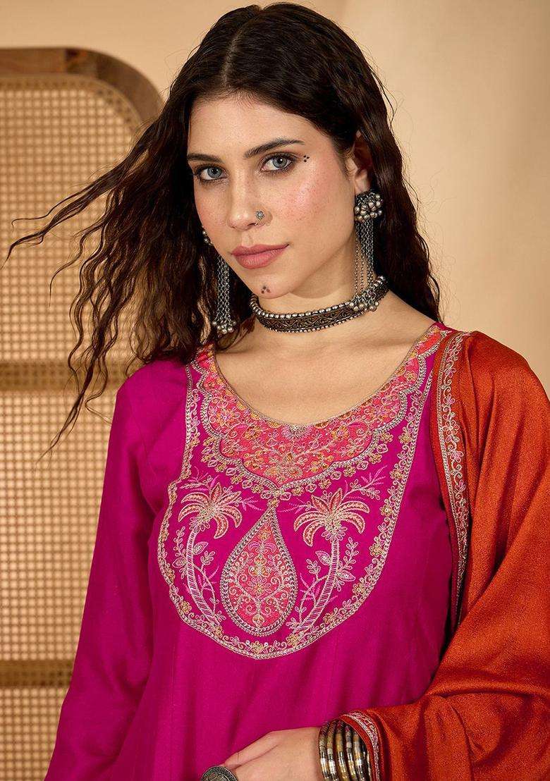 Pink Embroidered Silk Blend Anarkali Set - Indya