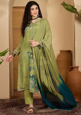 Green Printed Silk Kurta Set