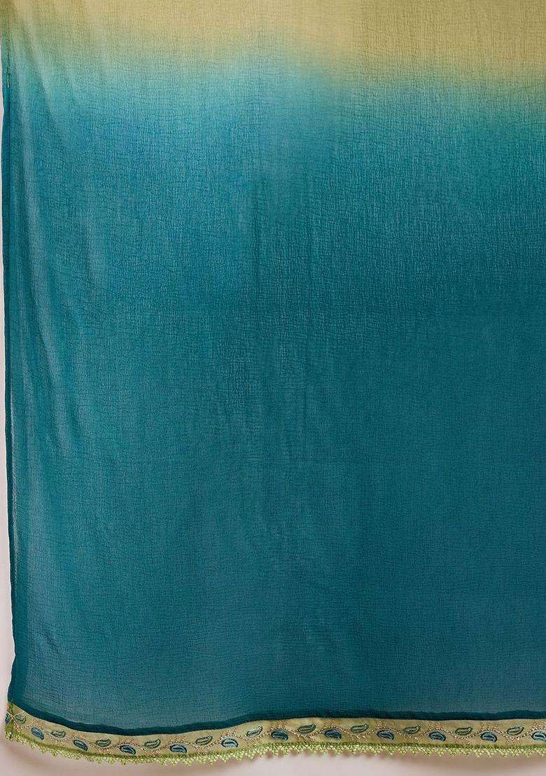 Green Printed Silk Blend Kurta Set - Indya