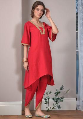 Red Solid Viscose Kurta Set