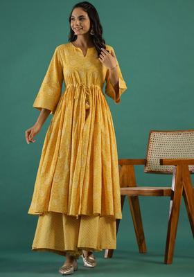Yellow Printed Cotton Anarkali Set